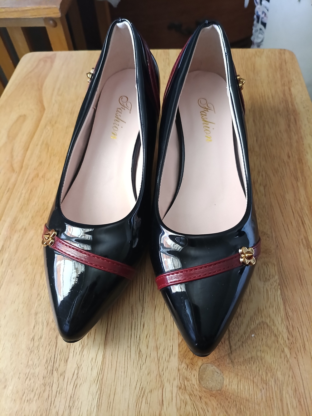 Women’s Black Patent Pointed Toe Short Heels with Burgundy Accents